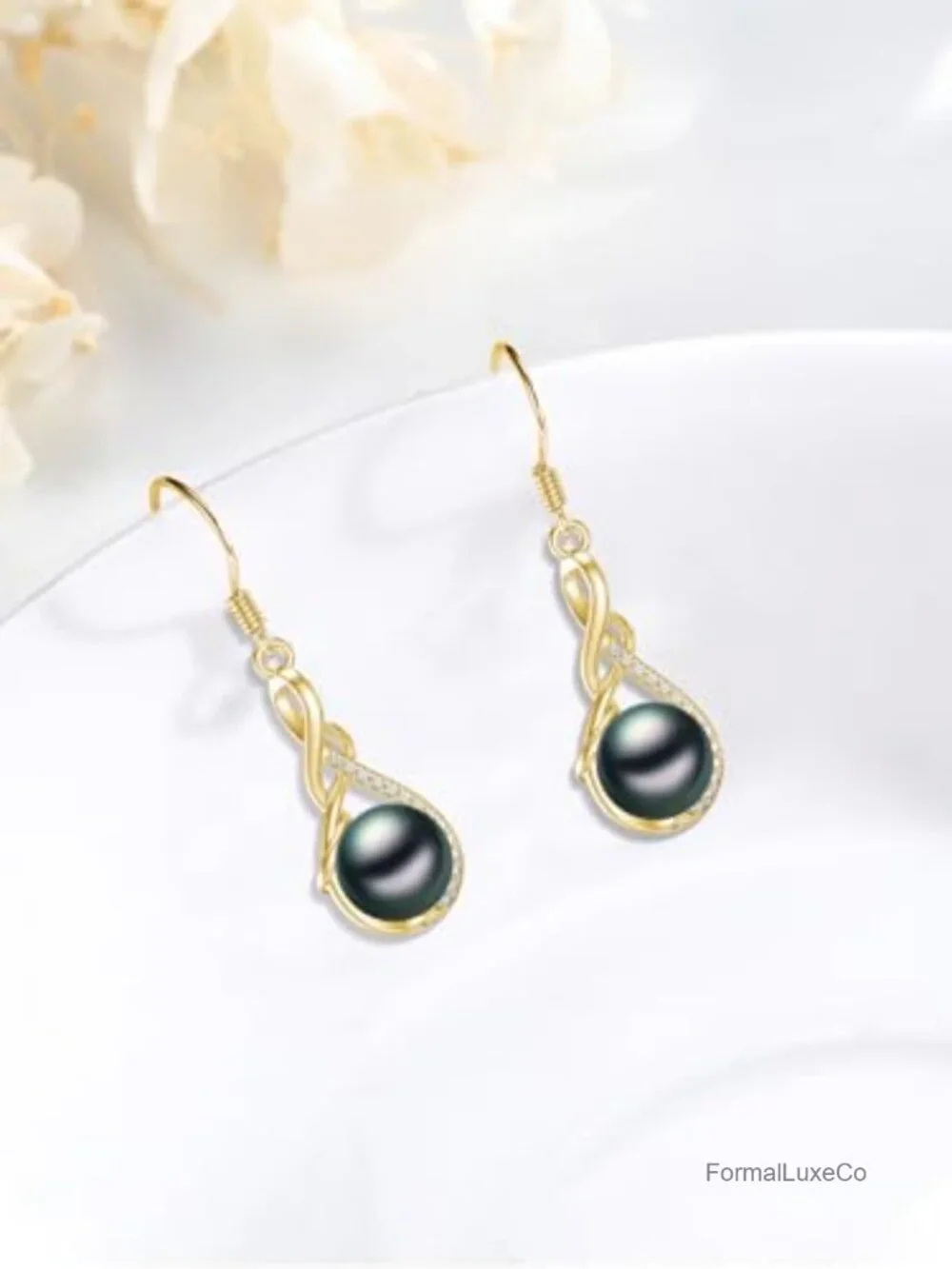 Tahitian Black Pearl Dangle Drop Earrings, 18K White Gold Plated Sterling Silver
